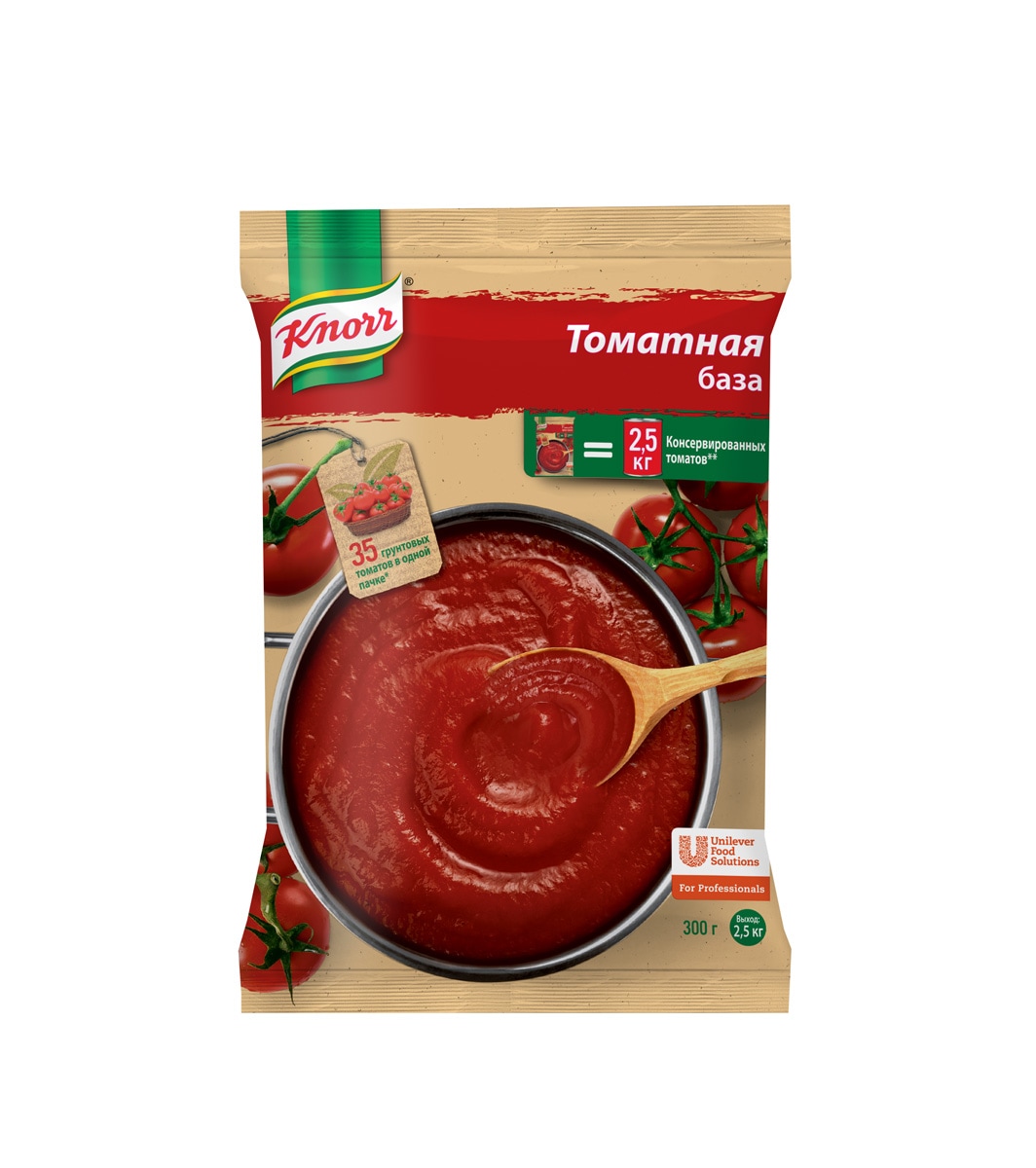 KNORR Томатная база Сухая смесь (300г) - Сухой продукт: красно-оранжевый сыпучий порошок с кусочками томатных хлопьев томатного соуса.